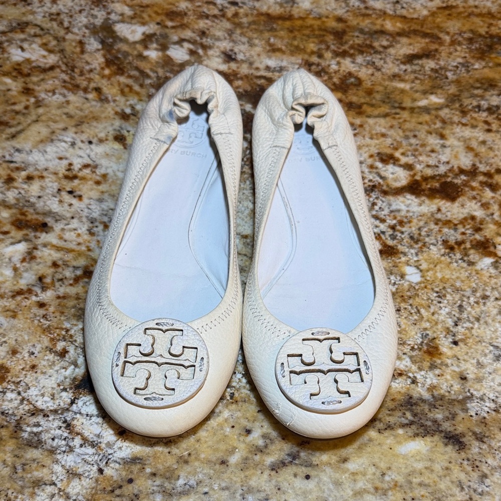 Tory Burch Ivory Leather Logo Ballet Flats
